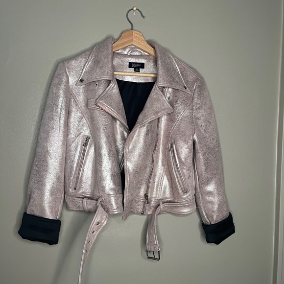 Lularoe RARE UNICORN Presley Moto Jacket Shimmer Purple Pink belt Medium great - Picture 7 of 7